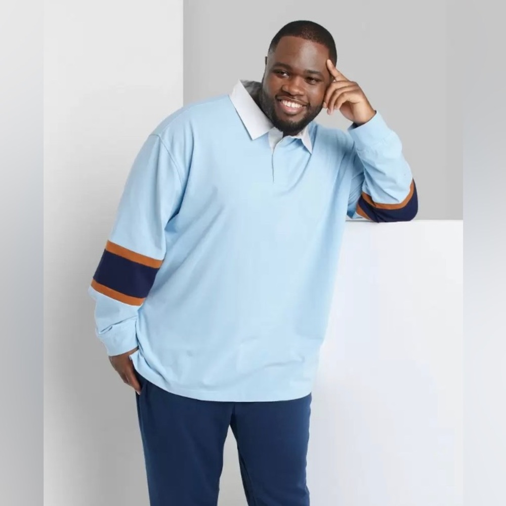 NWT Original Use Adult Extended Size Long Sleeve Rugby Polo Shirt Blue 2XLT